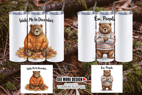 Tumbler Grumpy Bear Badger Hygge Watercolor Sublimation artnoy 