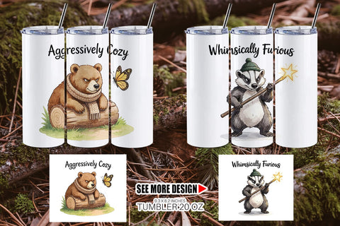 Tumbler Grumpy Bear Badger Hygge Watercolor Sublimation artnoy 