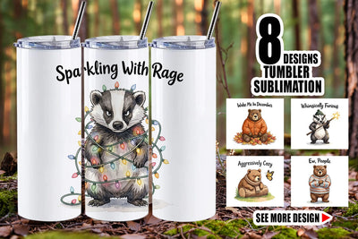 Tumbler Grumpy Bear Badger Hygge Watercolor Sublimation artnoy 