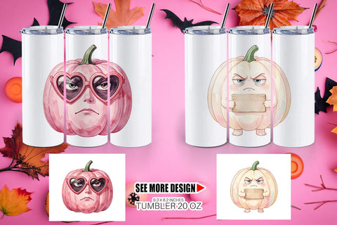 Tumbler Grumpy Pink Pumpkin Retro Watercolor Sublimation artnoy 