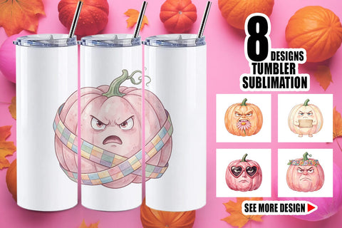Tumbler Grumpy Pink Pumpkin Retro Watercolor Sublimation artnoy 