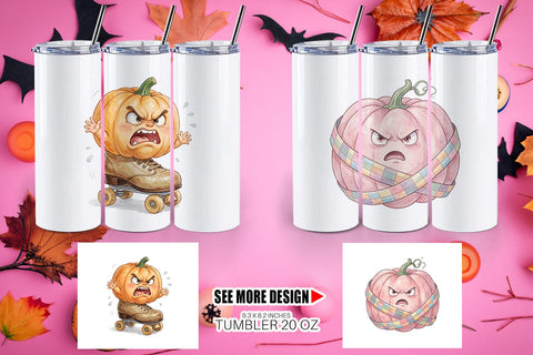 Tumbler Grumpy Pink Pumpkin Retro Watercolor Sublimation artnoy 