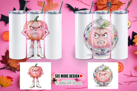 Tumbler Grumpy Pink Pumpkin Retro Watercolor Sublimation artnoy 