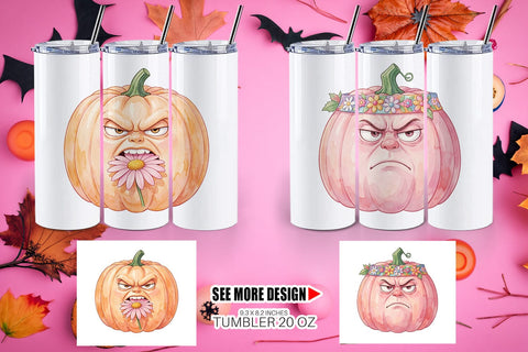 Tumbler Grumpy Pink Pumpkin Retro Watercolor Sublimation artnoy 