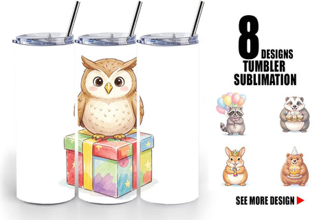 Tumbler Happy Round Woodland Birthday Watercolor Sublimation artnoy 