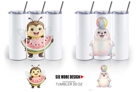 Tumbler Happy Summer Animals Watercolor Sublimation artnoy 