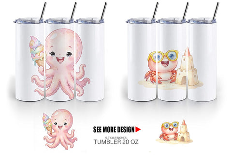 Tumbler Happy Summer Animals Watercolor Sublimation artnoy 