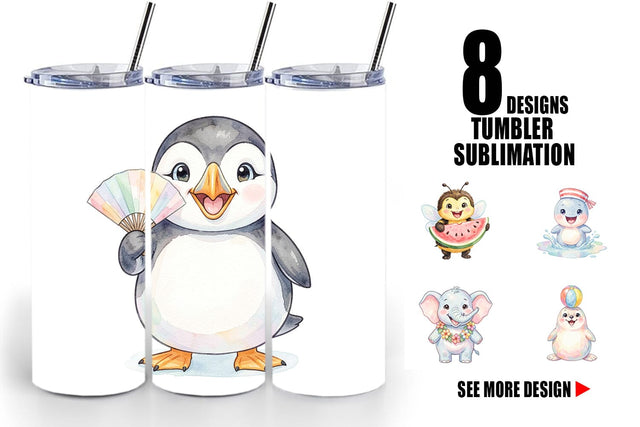 Tumbler Happy Summer Animals Watercolor Sublimation artnoy 