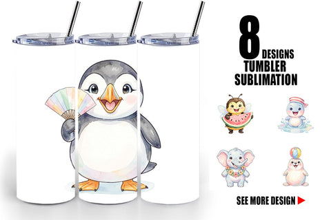 Tumbler Happy Summer Animals Watercolor Sublimation artnoy 