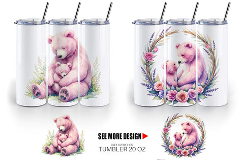 Tumbler Mama Bear Cub Watercolor Sublimation artnoy 
