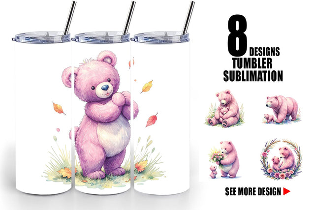 Tumbler Mama Bear Cub Watercolor Sublimation artnoy 