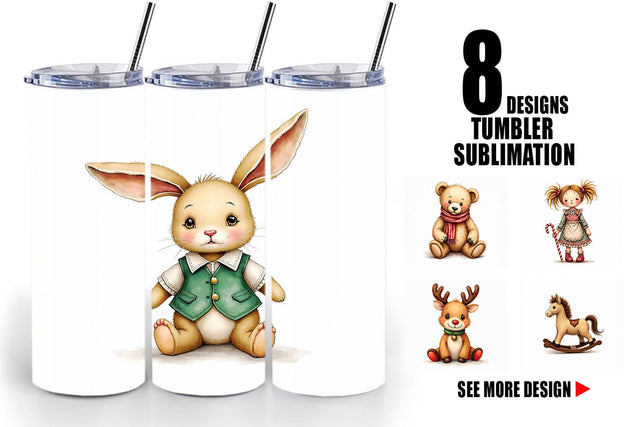 Tumbler Nostalgic Christmas Plush Toys Watercolor Sublimation artnoy 