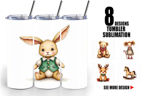 Tumbler Nostalgic Christmas Plush Toys Watercolor Sublimation artnoy 