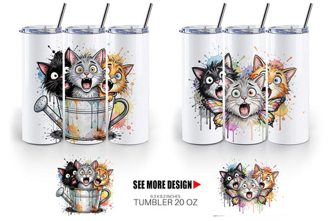 Tumbler Panic Garden Cats Messy Watercolor Sublimation artnoy 