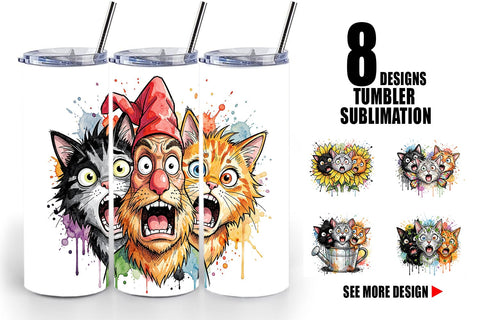 Tumbler Panic Garden Cats Messy Watercolor Sublimation artnoy 