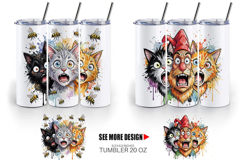 Tumbler Panic Garden Cats Messy Watercolor Sublimation artnoy 
