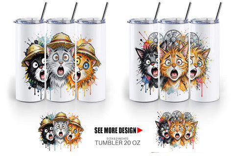 Tumbler Panic Tropical Cats Messy Watercolor Sublimation artnoy 