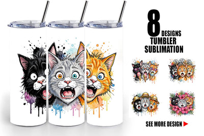 Tumbler Panic Tropical Cats Messy Watercolor Sublimation artnoy 