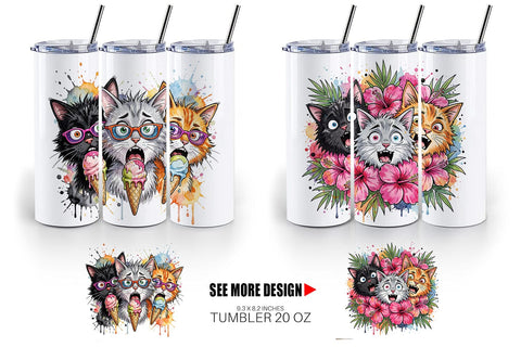 Tumbler Panic Tropical Cats Messy Watercolor Sublimation artnoy 