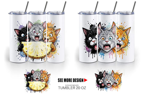 Tumbler Panic Tropical Cats Messy Watercolor Sublimation artnoy 