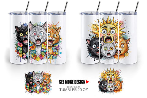 Tumbler Panic Tropical Cats Messy Watercolor Sublimation artnoy 