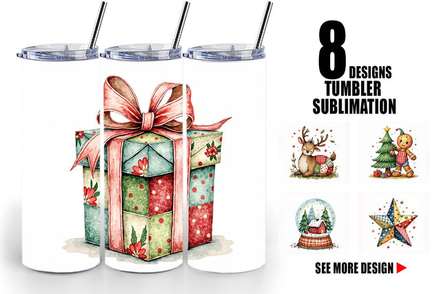 Tumbler Patchwork Christmas Watercolor Sublimation artnoy 