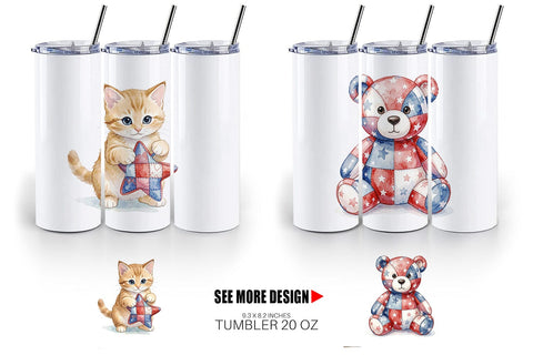 Tumbler Patriotic Patchwork Animal Watercolor Sublimation artnoy 