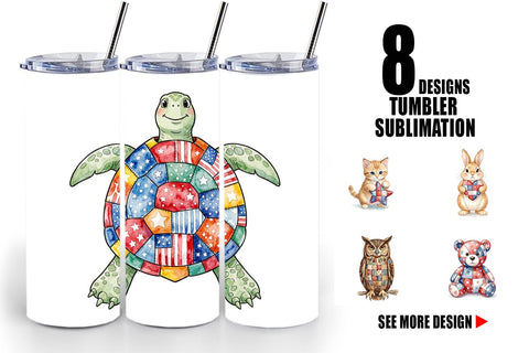 Tumbler Patriotic Patchwork Animal Watercolor Sublimation artnoy 