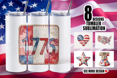 Tumbler Patriotic Symbol Patchwork Watercolor Sublimation artnoy 