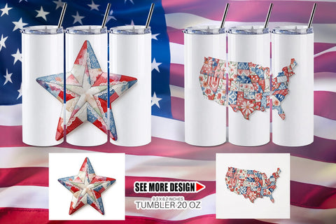 Tumbler Patriotic Symbol Patchwork Watercolor Sublimation artnoy 