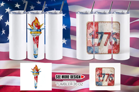 Tumbler Patriotic Symbol Patchwork Watercolor Sublimation artnoy 