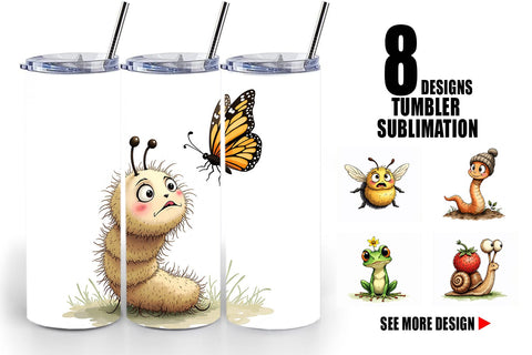 Tumbler Quirky Garden Critters Inked Watercolor Illustrations Sublimation artnoy 