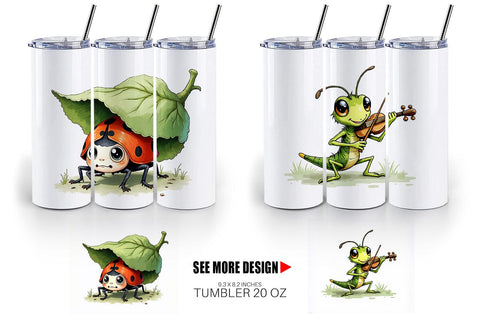 Tumbler Quirky Garden Critters Inked Watercolor Illustrations Sublimation artnoy 
