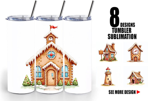 Tumbler Quirky Gingerbread Village Watercolor Sublimation artnoy 