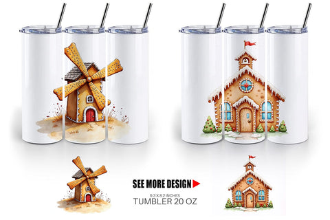 Tumbler Quirky Gingerbread Village Watercolor Sublimation artnoy 