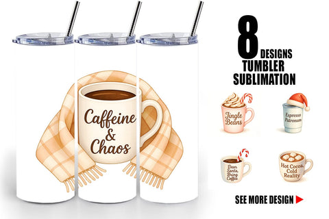 Tumbler Quotes Watercolor Coffee and Chaos Christmas Sublimation artnoy 