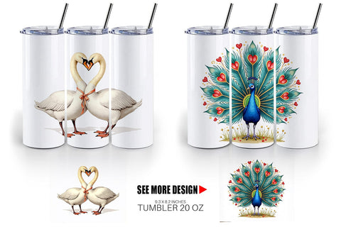 Tumbler Retro Lovebirds & Swans Valentine Watercolor Sublimation artnoy 