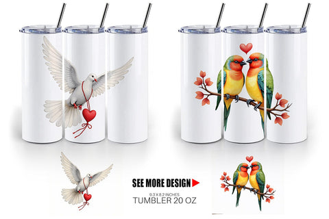 Tumbler Retro Lovebirds & Swans Valentine Watercolor Sublimation artnoy 