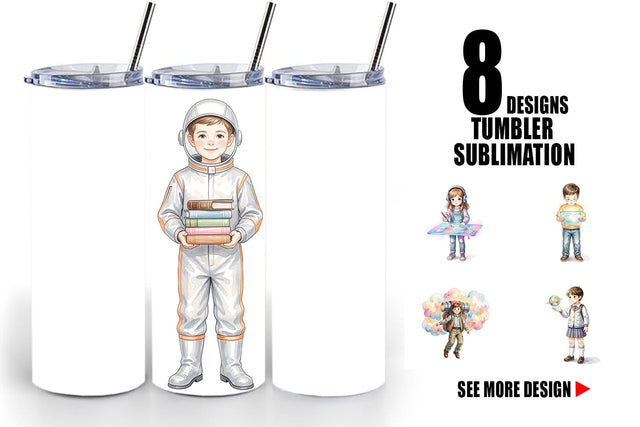 Tumbler Retro Space Kid School Watercolor Sublimation artnoy 