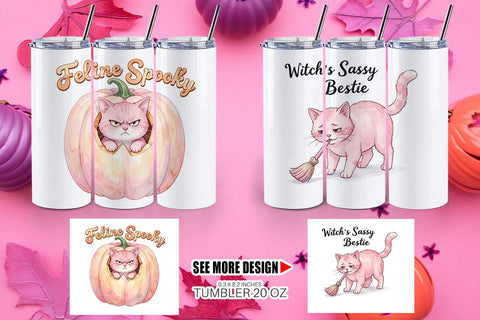 Tumbler Sassy Pink Cat Halloween Watercolor Sublimation artnoy 