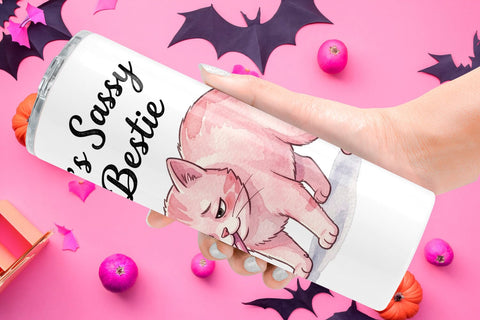 Tumbler Sassy Pink Cat Halloween Watercolor Sublimation artnoy 