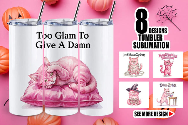 Tumbler Sassy Pink Cat Halloween Watercolor Sublimation artnoy 