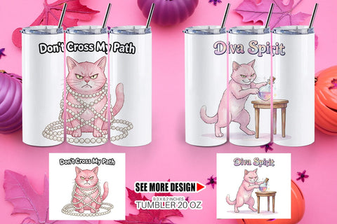 Tumbler Sassy Pink Cat Halloween Watercolor Sublimation artnoy 