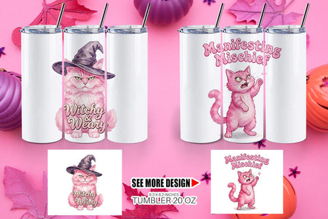 Tumbler Sassy Pink Cat Halloween Watercolor Sublimation artnoy 