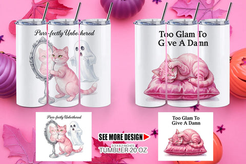 Tumbler Sassy Pink Cat Halloween Watercolor Sublimation artnoy 