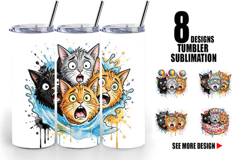 Tumbler Shocked Beach Cat Heads Ink Sketch Sublimation artnoy 