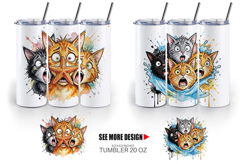 Tumbler Shocked Beach Cat Heads Ink Sketch Sublimation artnoy 