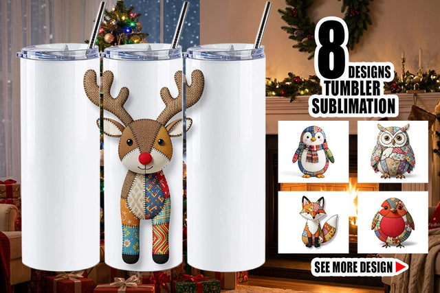 Tumbler Stitched Woodland Animal Patchwork Sublimation artnoy 
