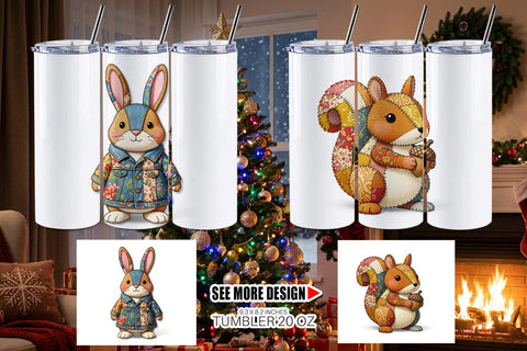 Tumbler Stitched Woodland Animal Patchwork Sublimation artnoy 