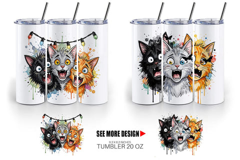 Tumbler Summer Night Panic Cats Watercolor Sublimation artnoy 
